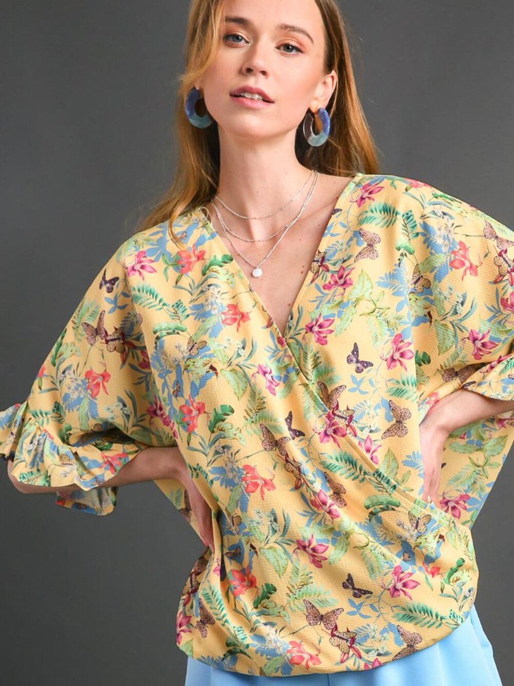 Umgee Yellow Floral Faux-Wrap Blouse with Flutter Sleeves and Butterflies